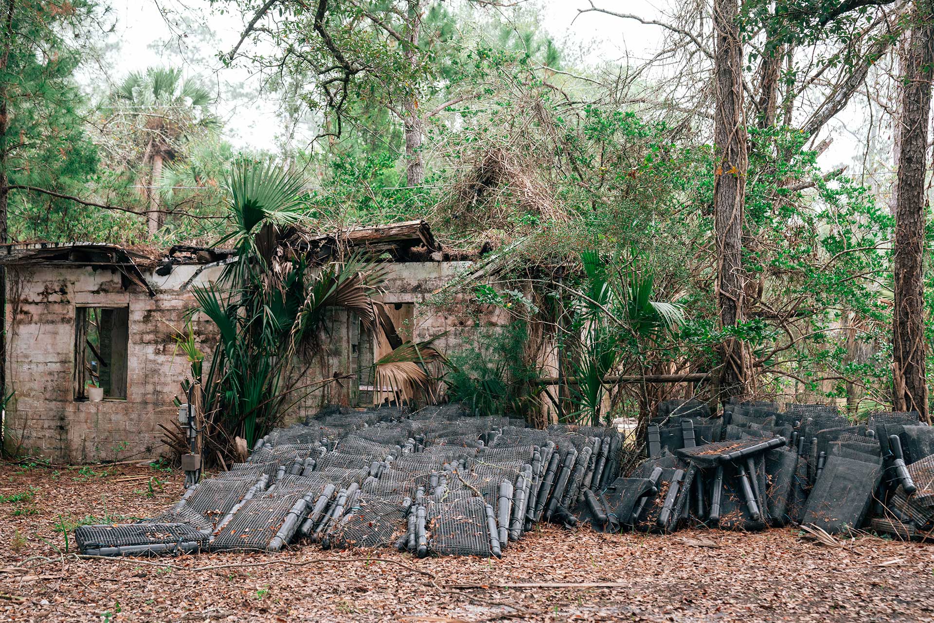 Bags for oysters sit next to an old building that was part of the Spring Creek Restaurant and Lodge property. The Spring Creek Restaurant had been open for over 40 years, since the late 1970s, but the owners decided not to reopen after sustaining serious damage during Hurricane Michael in 2018. Jody and Dewey now own the property now, but there are still plenty of reminders of the past. Jody says part of the appeal was that it is truly Old Florida, something that won’t be around for forever.