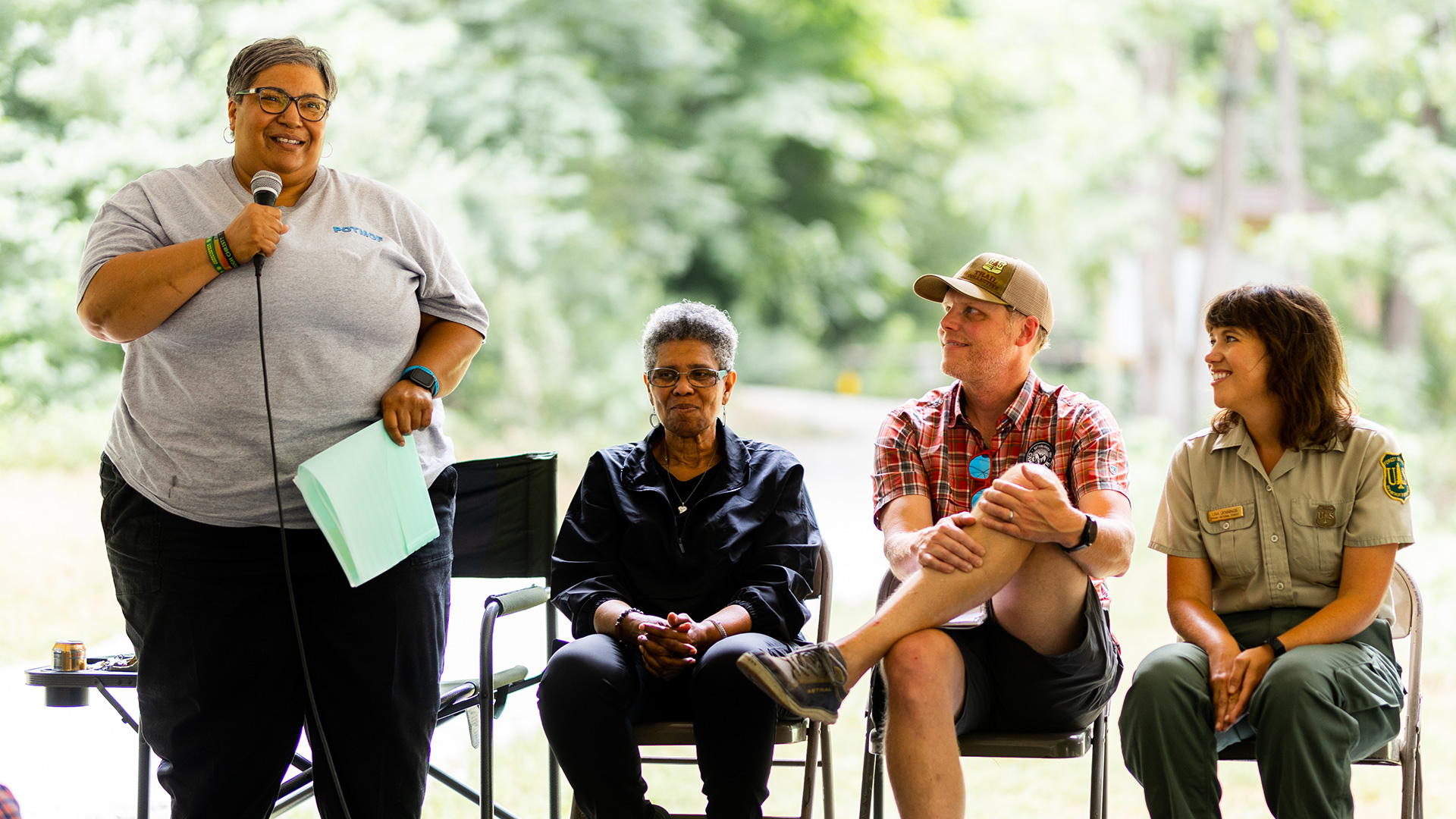 A trail project in the Pisgah National Forest connected a diverse coalition of leaders from Old Fort: Lavita Logan, Stephanie Swepson-Twitty, Jason McDougald and Lisa Jennings. (Photograph by Darrell Cassell)
