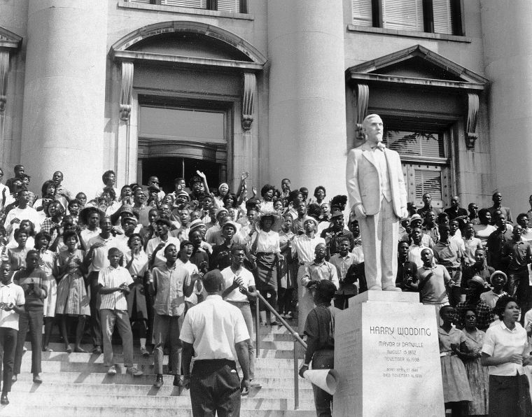 Protestors assemble on the steps of Danville's City Hall on the morning of "Bloody Monday."
