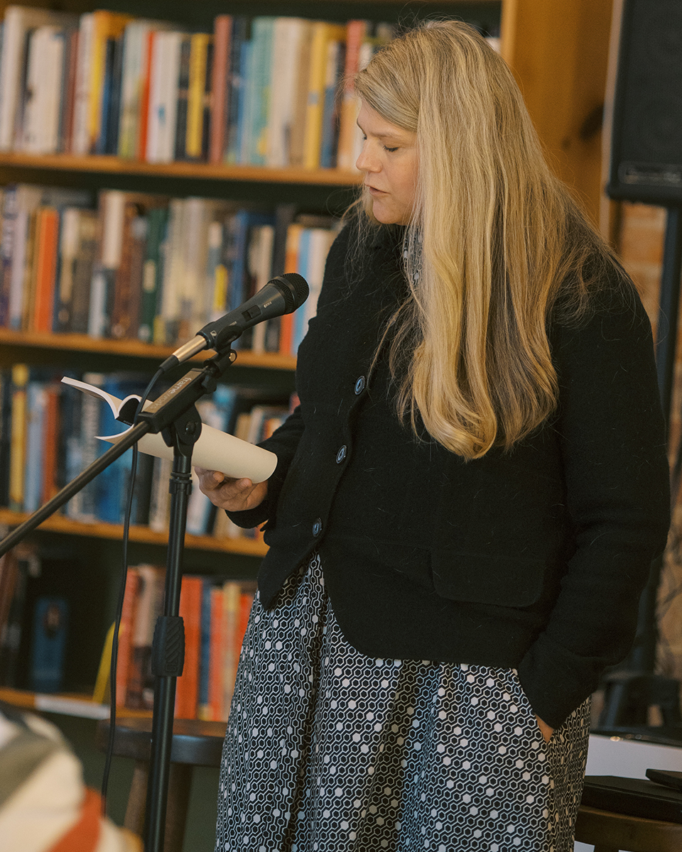 Annie Woodford reads at Scuppernong Books in Greensboro, North Carolina. (Photograph by Hillary Robinson, Annie's cousin)