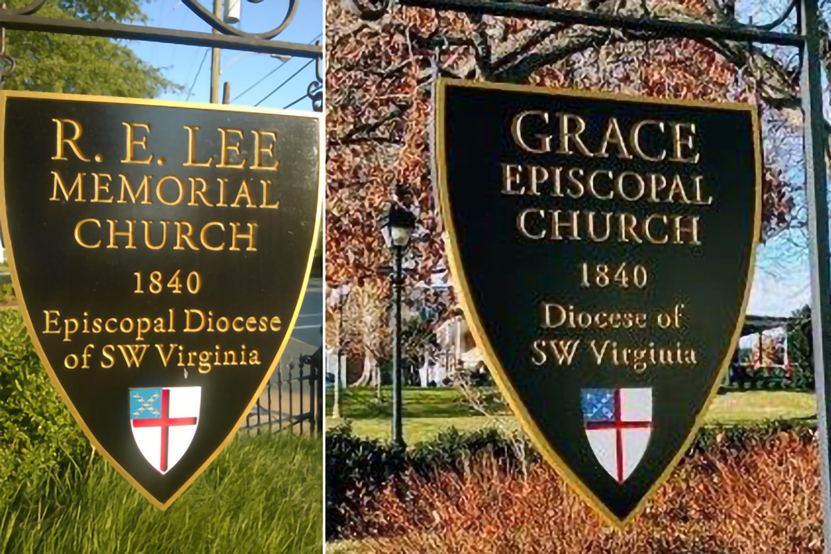 CONDENSED-ENS_020619_Grace_Episcopal_Two_Signs-600x400-Edit Signs outside Grace Episcopal Church in Lexington, Virginia, before and after its renaming (photo courtesy of Episcopal News Service)