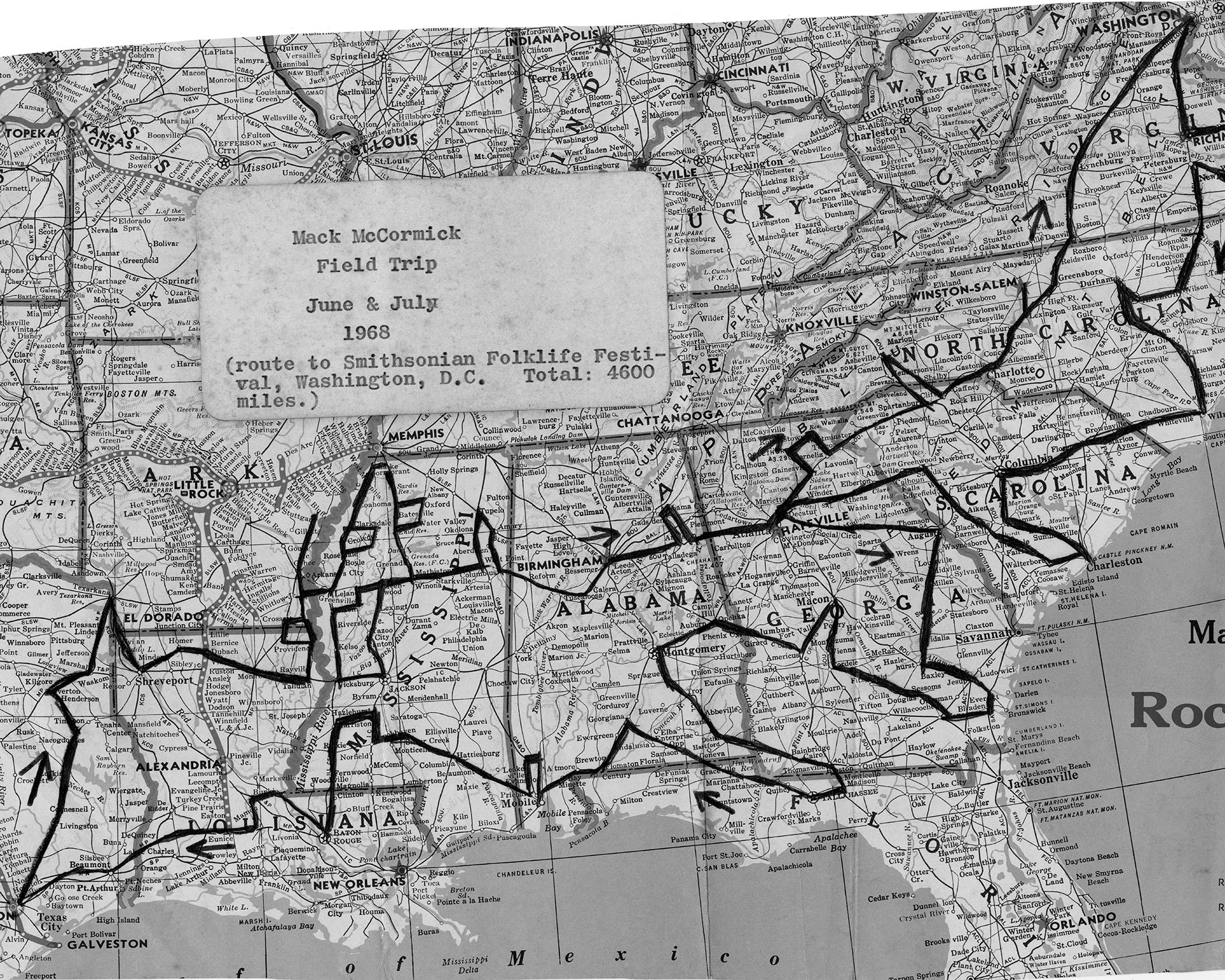 McCormick's map showing his 1968 field trip from Texas to Washington, D.C., and back, in search of clues about the life of Robert Johnson (courtesy of Susannah Nix from the Robert “Mack” McCormick Collection, Archives
Center, National Museum of American History)
