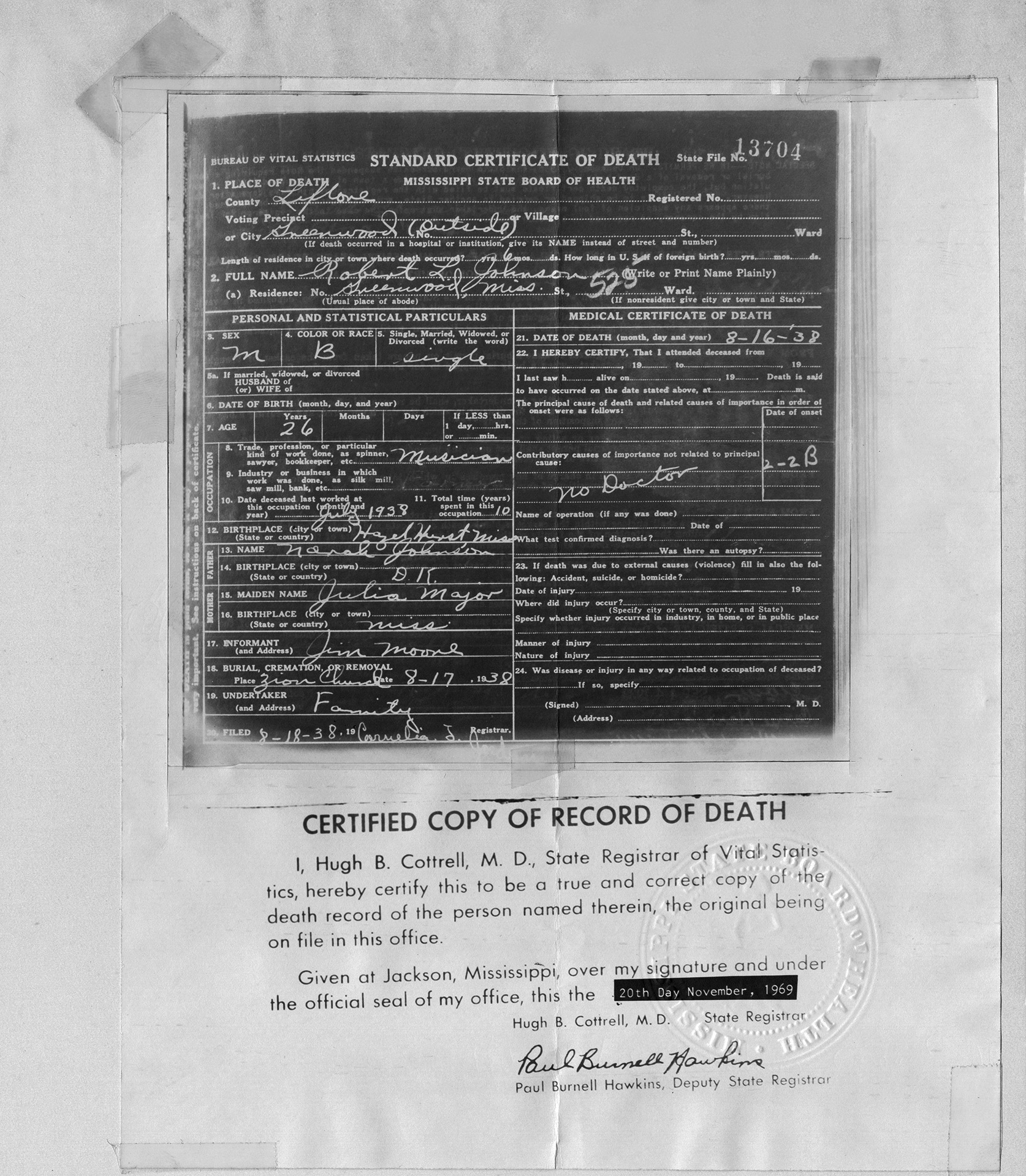 McCormick's copy of Robert Johnson's death certificate (courtesy of Susannah Nix from the Robert “Mack” McCormick Collection, Archives
Center, National Museum of American History)