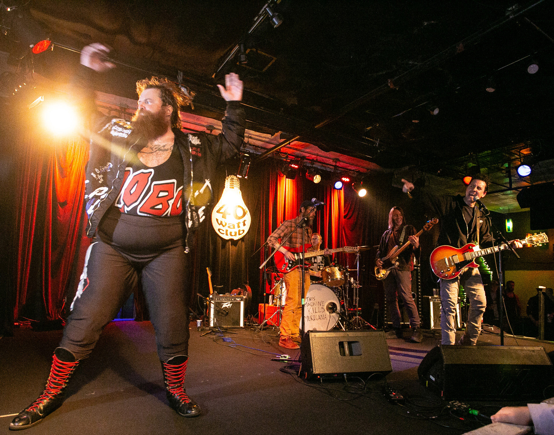 CCW-final-17 Alabama's Dexateens give a rock ’n’ roll welcome to wrestler Lobo Okami.