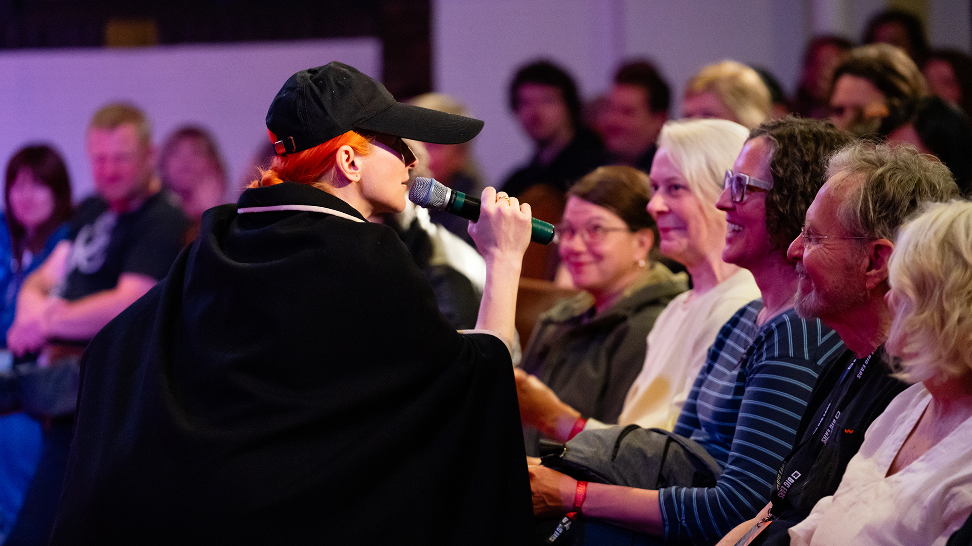 Shara Nova gets up close and personal with the audience at The Point during the 2023 Big Ears Festival (photograph by Billie Wheeler)