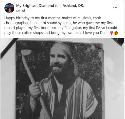 A social media post from Shara Nova with a photo of her father, Keith Wright