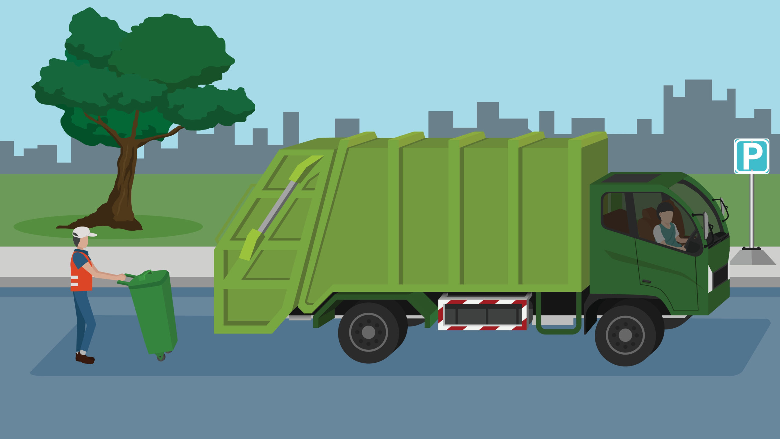 Transportation,Of,Garbage,Truck,Green,Color,With,Driving,On,The
