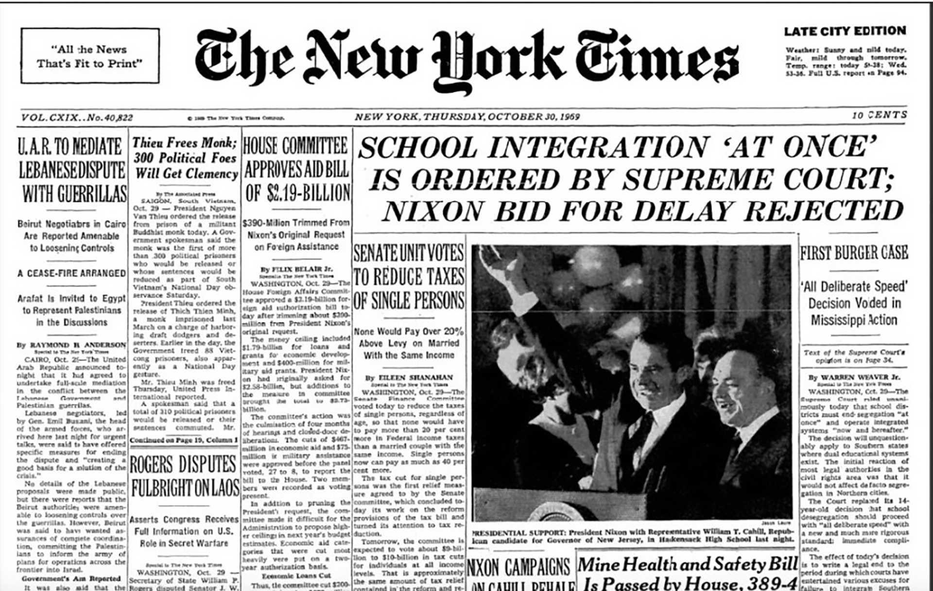 The 1969 headline in The New York Times when the U.S. Supreme Court voided the "with all deliberate speed" decision contained in Brown v. Board of Education, instead ordering public schools to integrate "at once." The decision prompted the creation of whites-only segregation academies all over the South. (Courtesy of The Admissions Project Digital Archive)