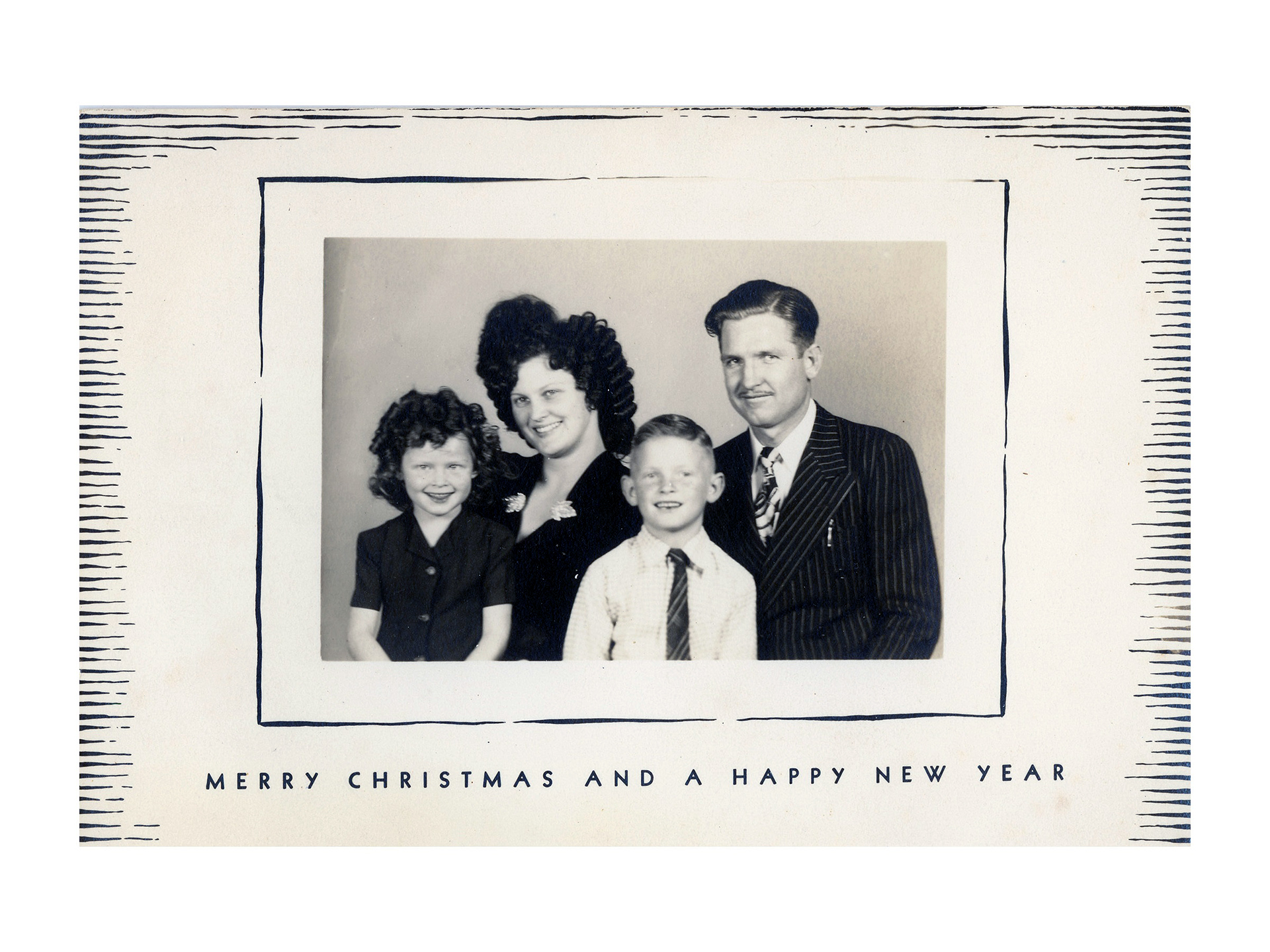 The Jones Family's Christmas card, promoting their Columbus, Georgia, radio show, "The Joneses Sing," from 1945. From left, the author, her mother, Fern, her brother, Leslie Ray, and her father, Raymond.